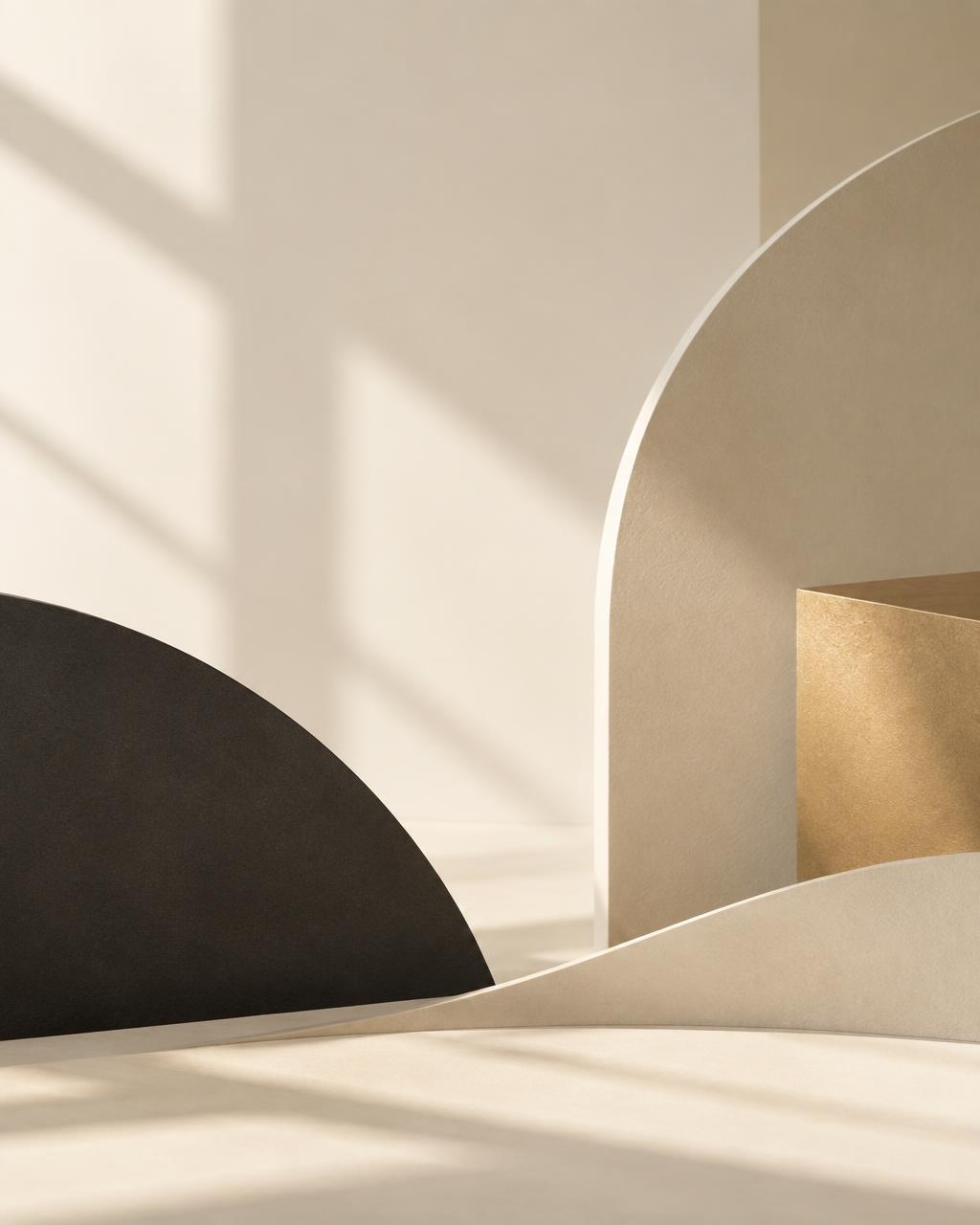 Abstract composition in ivory, charcoal and muted gold